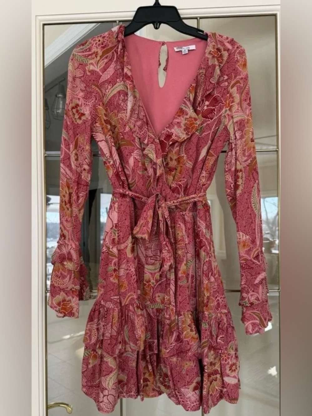 Anthropologie Rose Pink Floral Ruffle Tie-Waist Mini Dress - Picture 4 of 6